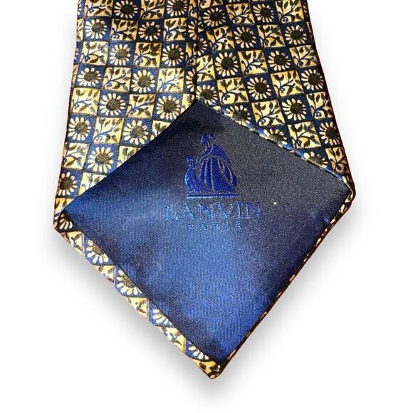 Lanvin Navy & Gold Flower Checkerboard Handmade 100% Silk Tie - Picture 4 of 6